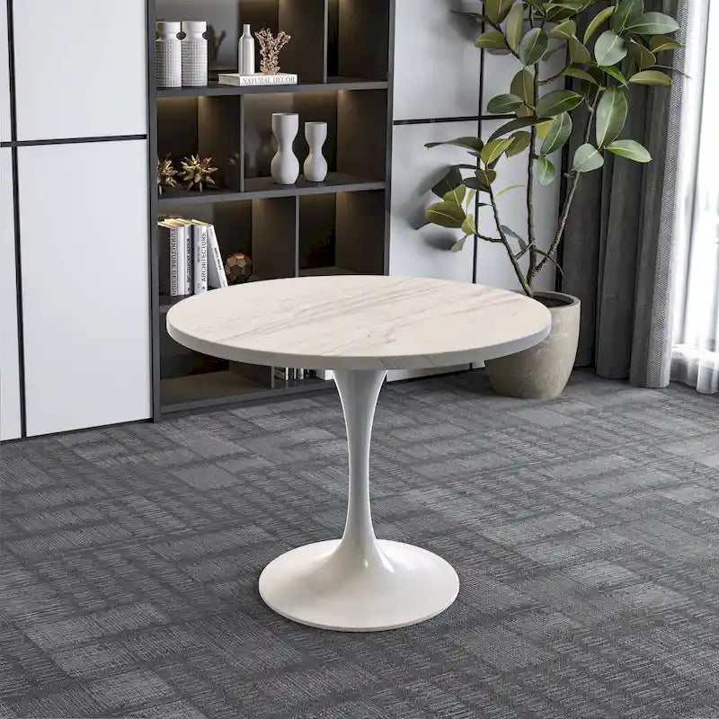 Table à manger ronde en résine avec pied central tulipe en acier blanc
