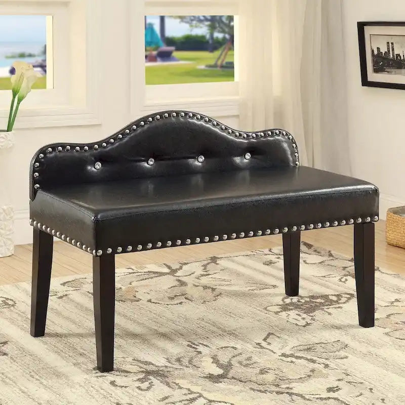 Banc d'appoint capitonné Camelback en similicuir noir avec garniture cloutée