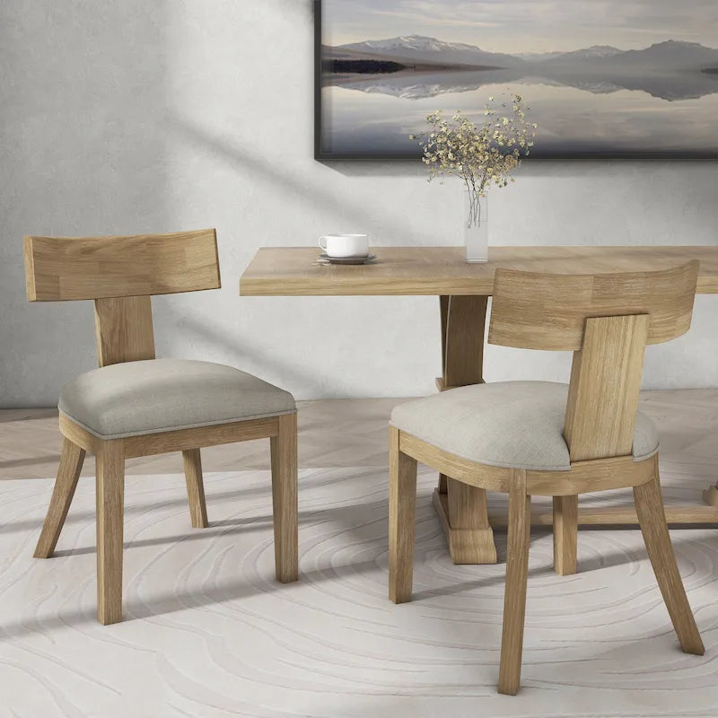 Chaise de salle à manger moderne incurvée en bois d'hévéa à lattes, dossier en tissu naturel