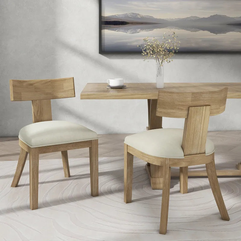 Chaise de salle à manger moderne incurvée en bois d'hévéa à lattes, dossier en tissu naturel