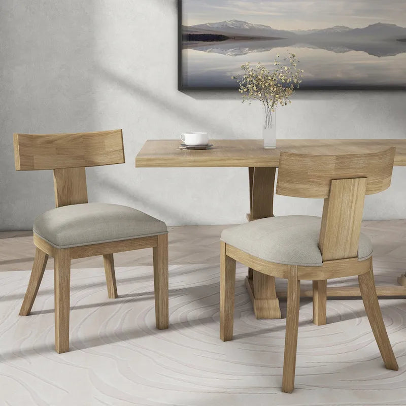 Chaise de salle à manger moderne incurvée en bois d'hévéa à lattes, dossier en tissu naturel