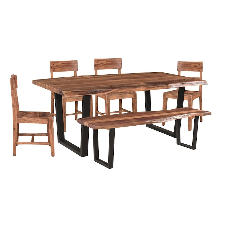 Table à manger en bois d'acacia massif avec pieds en métal noir Marron