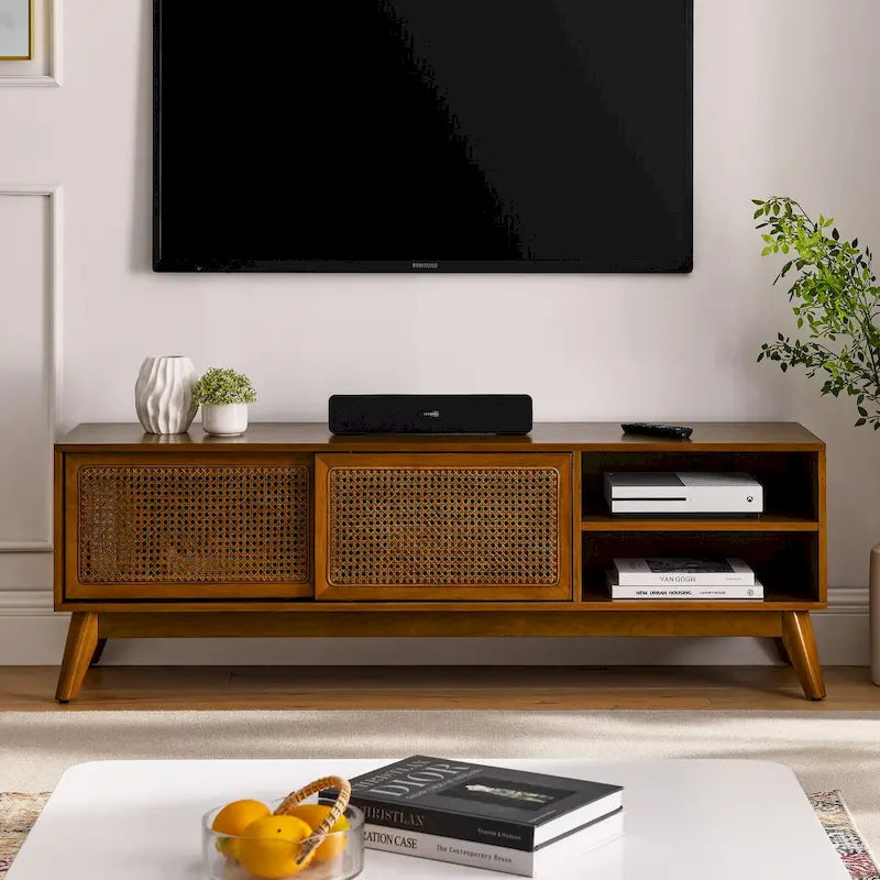 59-Inch Rattan TV Stand with Sliding Doors and Solid Wood Legs Brown