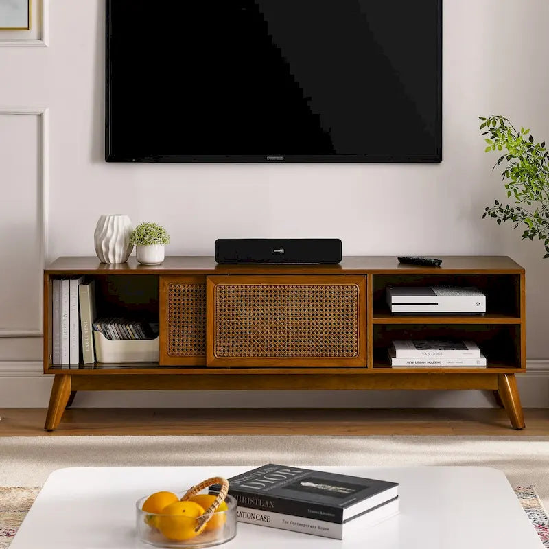 59-Inch Rattan TV Stand with Sliding Doors and Solid Wood Legs Brown