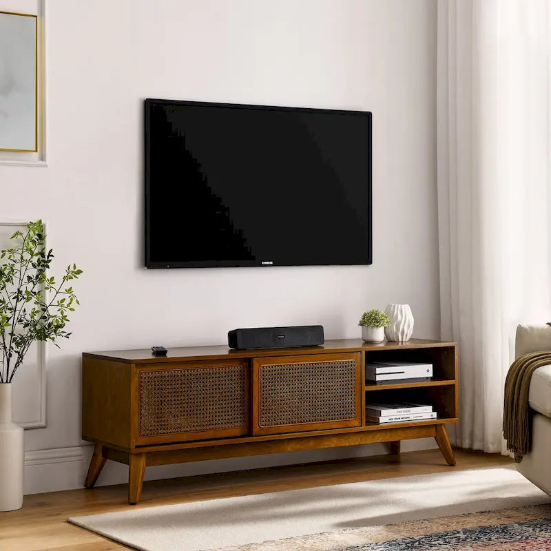 59-Inch Rattan TV Stand with Sliding Doors and Solid Wood Legs Brown