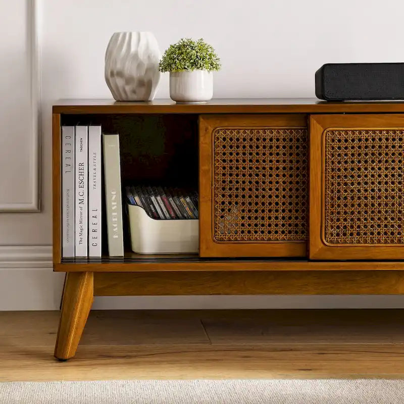 59-Inch Rattan TV Stand with Sliding Doors and Solid Wood Legs Brown