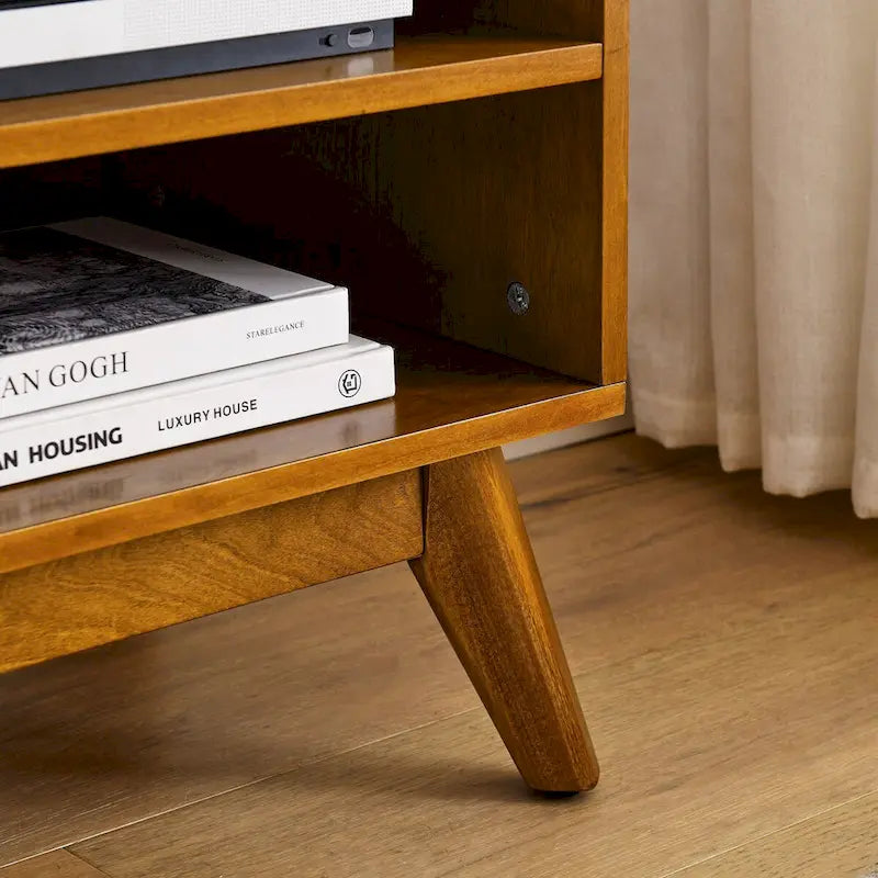 59-Inch Rattan TV Stand with Sliding Doors and Solid Wood Legs Brown