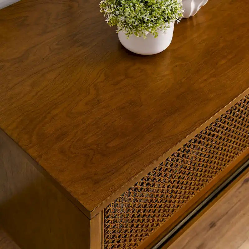 59-Inch Rattan TV Stand with Sliding Doors and Solid Wood Legs Brown