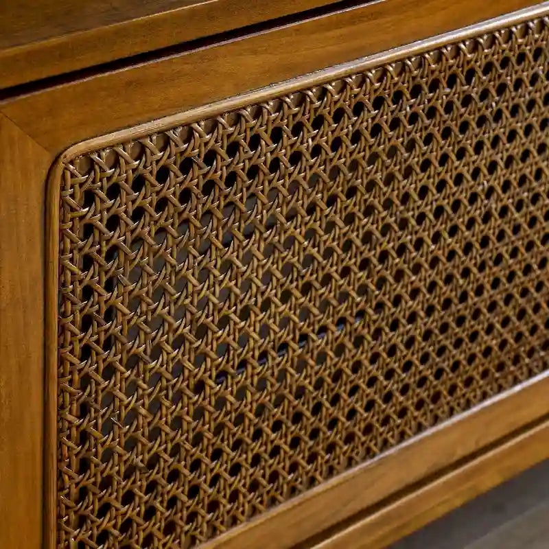 59-Inch Rattan TV Stand with Sliding Doors and Solid Wood Legs Brown