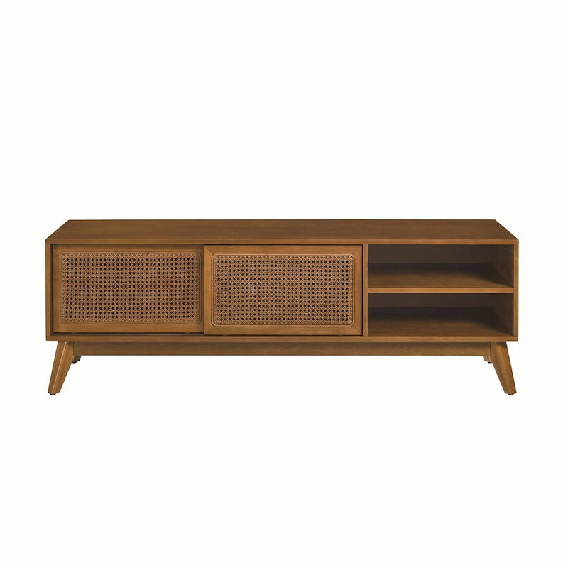59-Inch Rattan TV Stand with Sliding Doors and Solid Wood Legs Brown