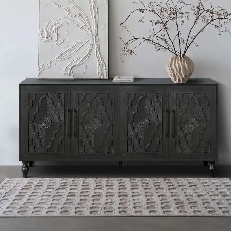 Buffet à 4 portes sculpté floral bohème noir avec poignées métalliques