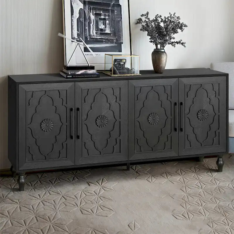 Buffet à 4 portes sculpté floral bohème noir avec poignées métalliques