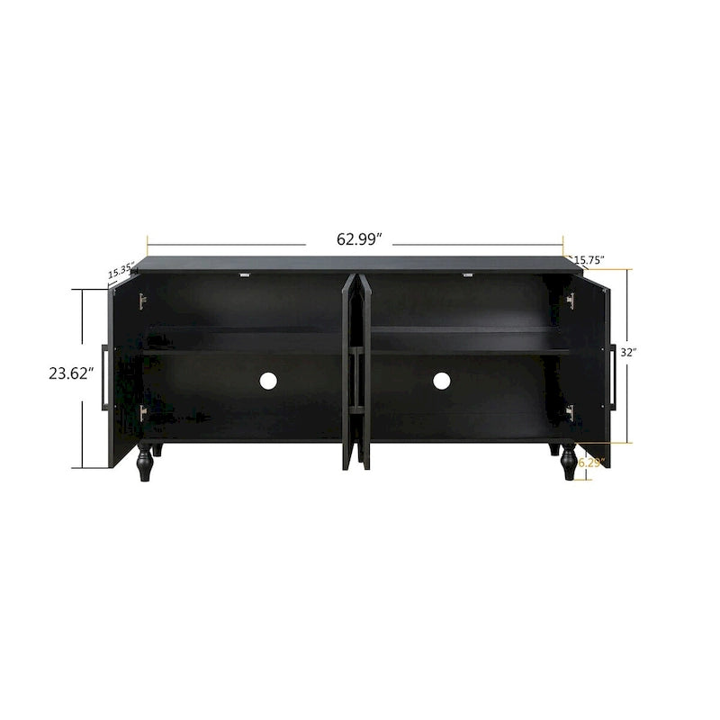 Buffet à 4 portes sculpté floral bohème noir avec poignées métalliques