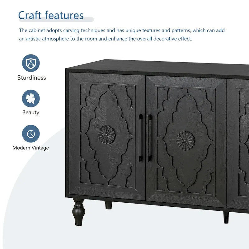 Buffet à 4 portes sculpté floral bohème noir avec poignées métalliques