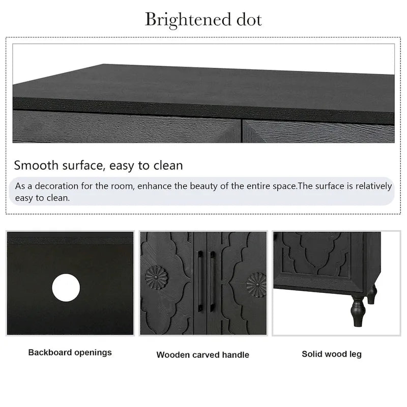 Buffet à 4 portes sculpté floral bohème noir avec poignées métalliques