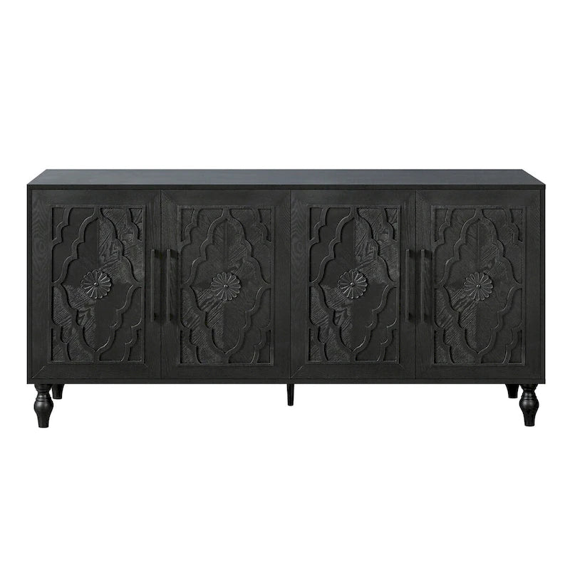 Buffet à 4 portes sculpté floral bohème noir avec poignées métalliques